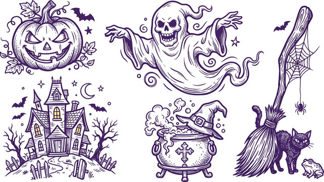 Halloween themed illustrations including ghost pumpkin haunted house witch cat frog
