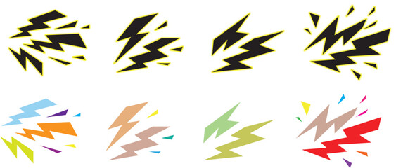 Set of comic style lightning bolt and explosion vector icons. Colorful cartoon lightning bolts and dynamic spark blast symbols © fatima
