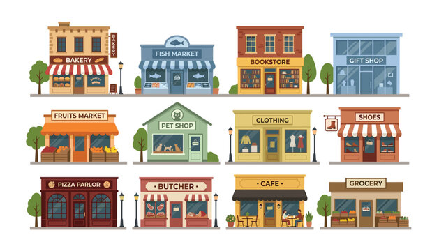 Flat style vector set of local city storefronts shops buildings facades business marketplace isolated on white background