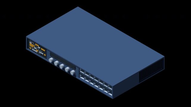 3D isometric server animation. Server network equipment. Computer network technology. Storage database. Isometric technology. Transparent background with alpha channel