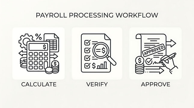 A payroll processing workflow illustration showing calculate, verify, and approve steps