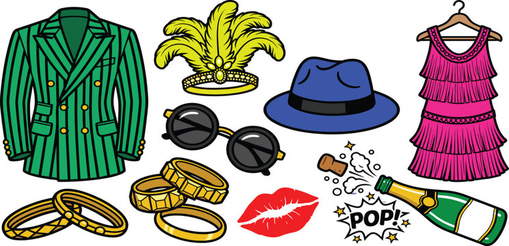 Retro Roaring Twenties Great Gatsby Party Icon Set with Striped Suit Flapper Dress Feather Headband Sunglasses Champagne and Jewelry Vectors for Event Invites
