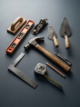 Essential construction and woodworking hand tools collection on dark grey surface