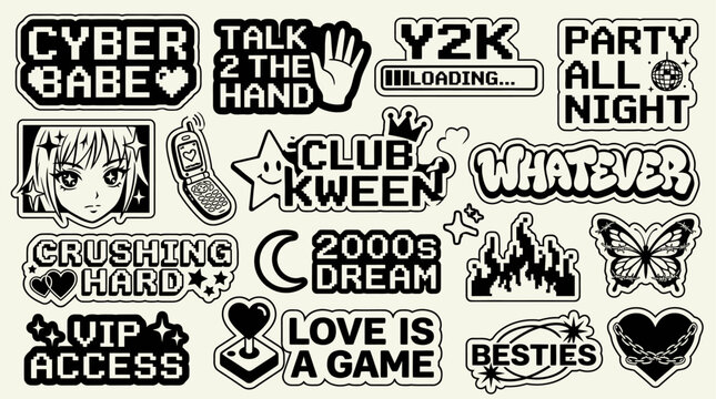 Trendy Y2K Aesthetic Sticker Illustration Set, Retro 2000s Text Quote Label Collection, Funny Futuristic Tag with Heart Anime Cartoon Party Message, Black and White Gen Z Cyber Graphic Element