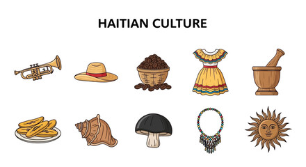 Colorful Haitian Cultural Symbols Illustration Set with Traditional Objects and Food © zyaa