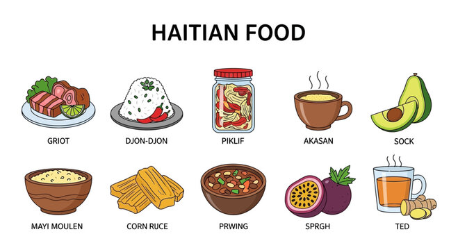 Colorful Haitian Food Icons Illustration Set on White Background with Traditional Dishes
