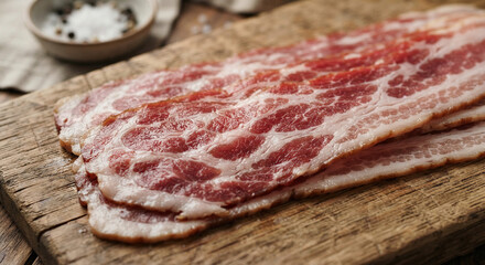 Obraz premium Raw Uncooked Bacon Slices on Rustic Wooden Board