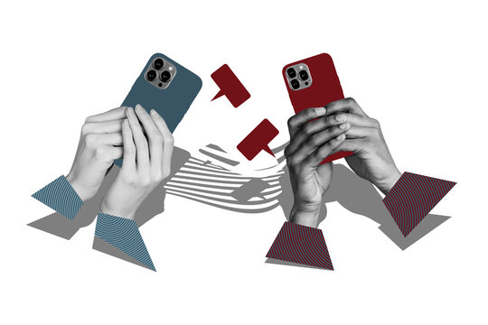 Composite photo collage of hand hold iphone device correspondence notification sms dialogue chatting isolated on painted background