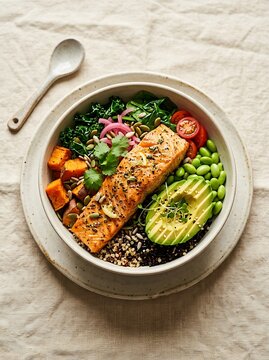 Healthy Grilled Salmon Bowl with Avocado, Edamame, Sweet Potato, and Quinoa