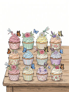 Whimsical Watercolor Cupcake Doodle Illustration with Floral Decorations for Bakery Branding and Birthday Celebrations