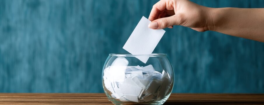 hand inserting  small paper ticket into  glass jar filled with many white slips of paper