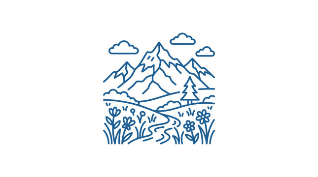 Mountain landscape line art icon with meadow flowers and path