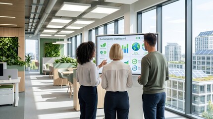 Fototapeta premium Colleagues reviewing sustainability dashboard on large screen in eco-friendly office with green walls and city view