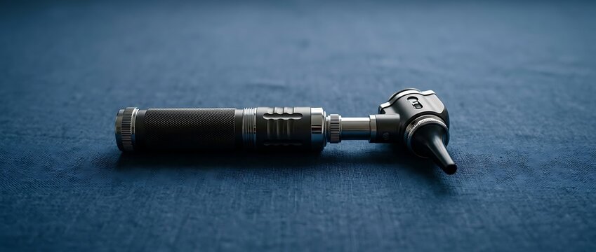 Professional otoscope medical instrument for ear examination on a blue textured surface