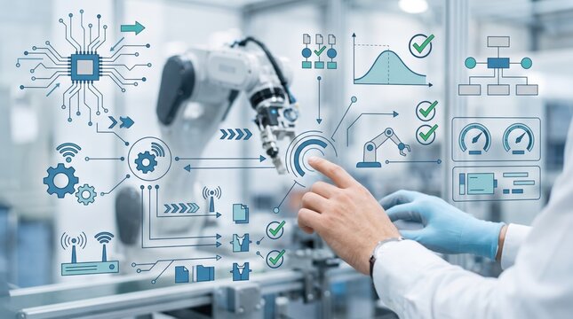 Smart factory industry 4.0, robotic arm and digital interface, automation technology, engineer hand touching screen, manufacturing process, artificial intelligence