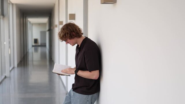 Vertical screen schoolboy preparing for test by reading notebook in school corridor reviewing notes and studying carefully before important class