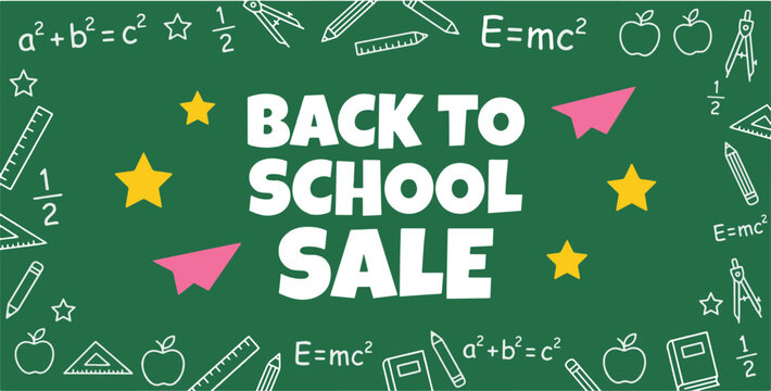 Back to school sale banner, school supplies doodle on blackboard background, vector