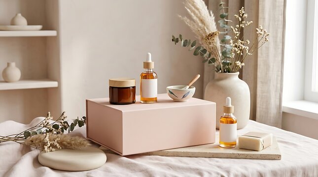 Natural Skincare Products and Mockup Bottles on Pink Gift Box in Minimalist Setting