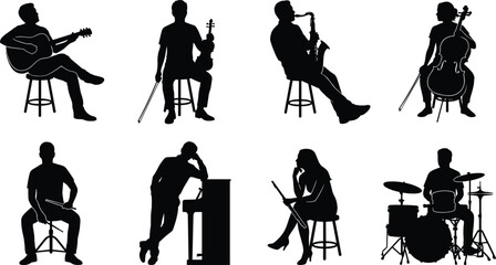 Collection of musician silhouettes playing instruments including acoustic guitar violin saxophone cello flute piano and drums isolated on white background © Mst Shamima