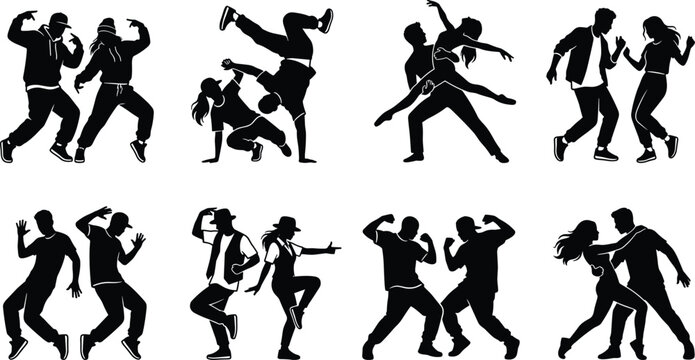 Collection of modern dance silhouettes featuring couples performing hip hop breakdance contemporary and street dance styles isolated on white background