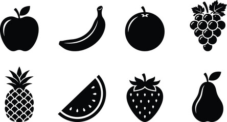 Fresh fruit icon set featuring black silhouettes of apple banana orange grape pineapple watermelon strawberry and pear © Mst Shamima