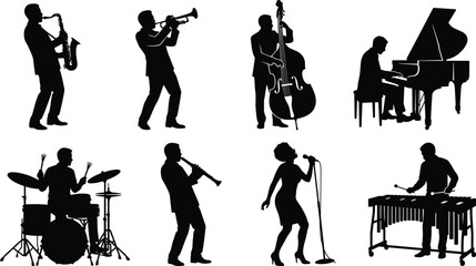 Jazz band musicians silhouette set featuring live performance artists playing saxophone trumpet double bass piano drums clarinet xylophone and singing © Mst Shamima