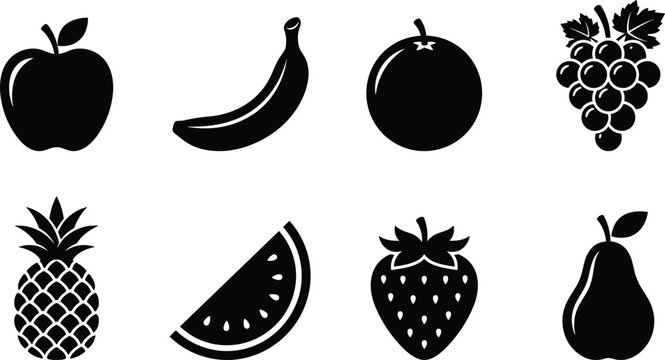 Fresh fruit icon set featuring black silhouettes of apple banana orange grape pineapple watermelon strawberry and pear