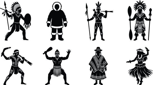 Indigenous people and native tribe warriors silhouette icon set representing diverse global cultures traditional clothing and weapons