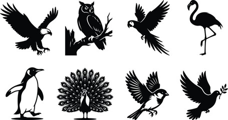 Set of black bird silhouettes featuring eagle owl macaw parrot flamingo penguin peacock sparrow and dove isolated on white background © Mst Shamima