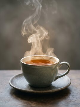Steaming hot cup of tea on a wooden table with rising vapor