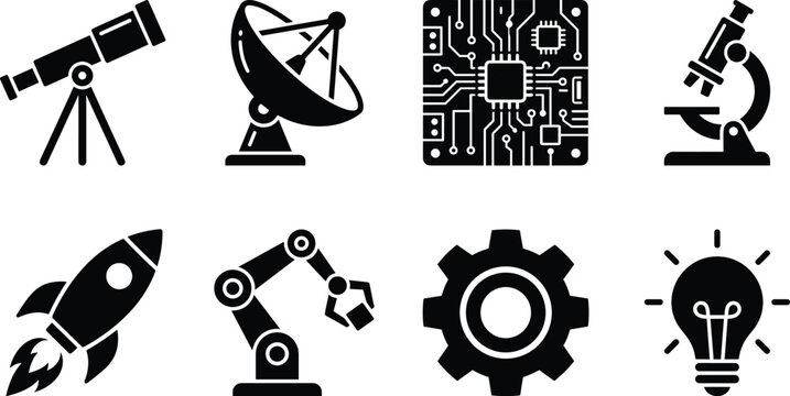 Set of science and technology black glyph icons featuring telescope satellite dish circuit board microscope rocket robotic arm gear and light bulb