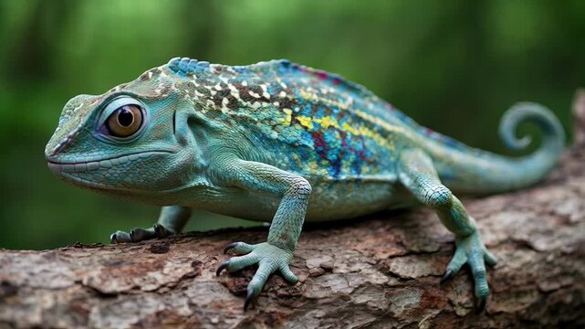 Colorful chameleon on tree branch in lush