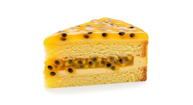 Slice of yellow cake with passion fruit topping