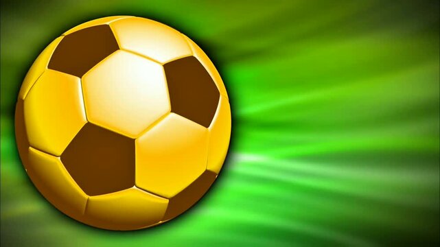 A striking golden and brown patterned ball gleams against a vibrant green background. Dynamic light streaks evoke energy and movement, capturing a thrilling athletic moment.