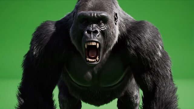 Gorilla stands against a solid green screen background while roaring with an aggressive and powerful display of wild nature.