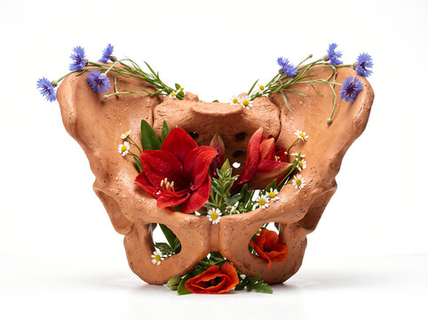 Hyperrealistic anatomical pelvis sculpture in warm terracotta, seamlessly integrated with amaryllis and cornflowers on pure white background