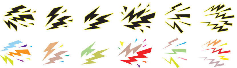 Set of comic style lightning bolt and explosion vector icons. Colorful cartoon lightning bolts and dynamic spark blast symbols © fatima