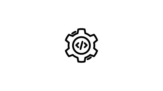 Animated gear icon with code brackets in the center. This line animation is perfect for programming tutorials, developer tools, API settings, web development, and technical presentations.