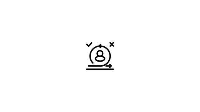 Animated line-art icon showing an agile iteration process with a user profile, a rotating arrow, and approval (checkmark) and rejection (cross) symbols. Ideal for UI/UX design, software development, a