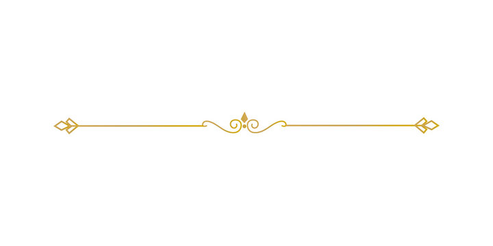 Elegant golden decorative line with ornate scroll design and arrow accents, perfect for borders or dividers, isolated on transparent background