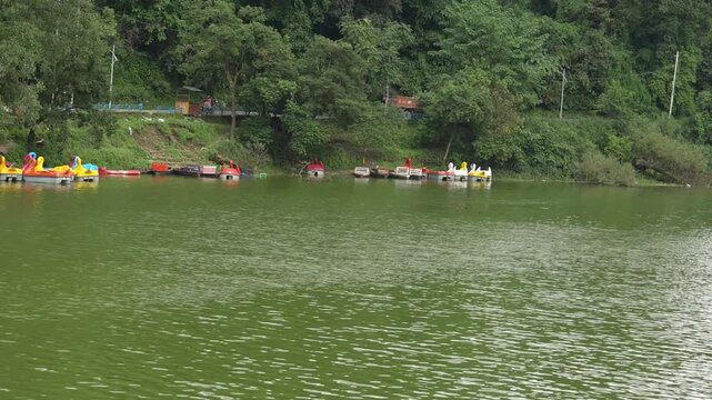 Wide Angle View Of Colorful Swan Pedal Boats At Bhimtal Lake Uttarakhand