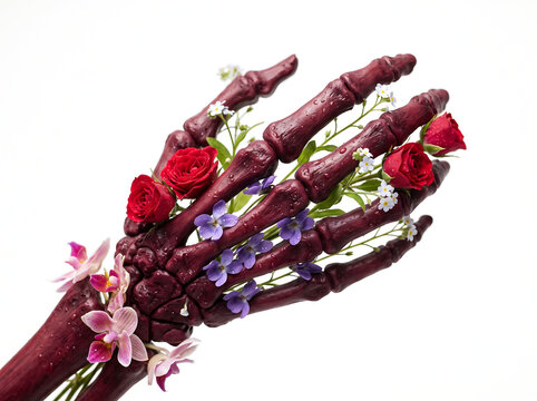 Hyperrealistic anatomical hand sculpture in deep burgundy, seamlessly integrated with miniature roses and violets on pure white background