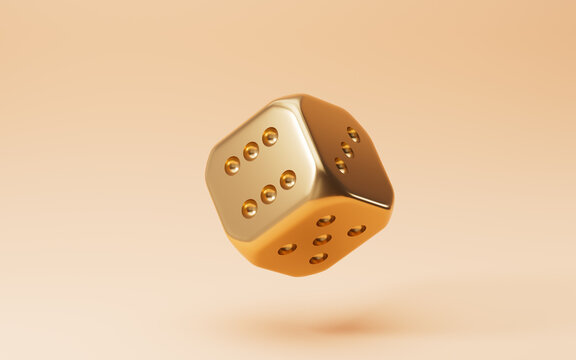 A golden die with rounded corners. Die for casino craps, table or board game. 3d rendering.