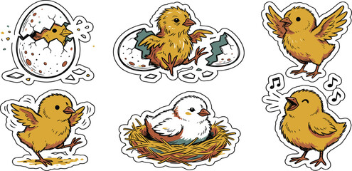 Fototapeta premium Retro Vintage Cartoon Hatching Chick Sticker Vector Set Featuring Cute Baby Chicken Characters Emerging From Egg and Nest for Easter Graphic Designs and Trendy Merchandise