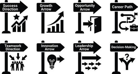 Business direction signpost icons set featuring concepts for success, growth, opportunity, career path, teamwork, innovation, leadership, and decision-making. © Shariful