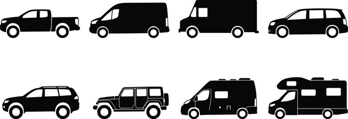 Commercial vehicle side view vector silhouettes set including pickup truck cargo van delivery truck suv crossover and motorhomes © Shariful