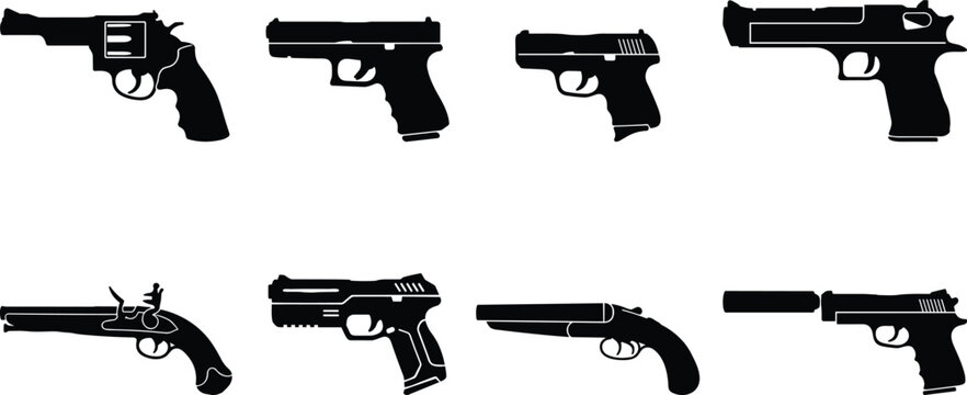 Collection of handgun and pistol vector silhouettes featuring revolver automatic handguns tactical pistols flintlock and suppressed weapon shapes