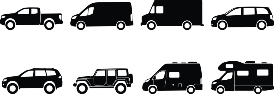 Commercial vehicle side view vector silhouettes set including pickup truck cargo van delivery truck suv crossover and motorhomes