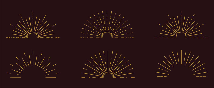 Set of boho half sunrise line icons with various retro, geometric, and radiating line designs
