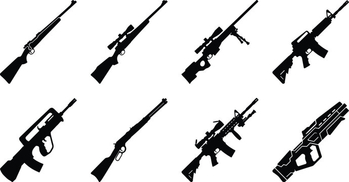 Military and hunting rifle silhouettes set featuring sniper rifles automatic assault weapons shotguns and futuristic sci fi guns